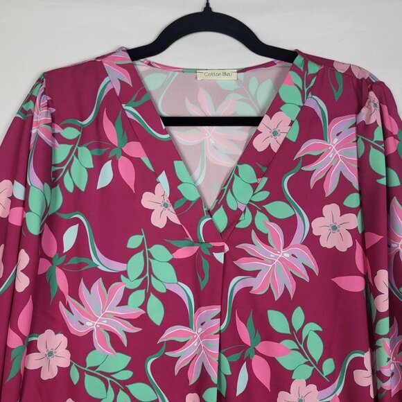 Cotton Bleu Top Blouse Women's XL Pink Floral Boho Balloon Sleeves Silky Peasant - Picture 3 of 7